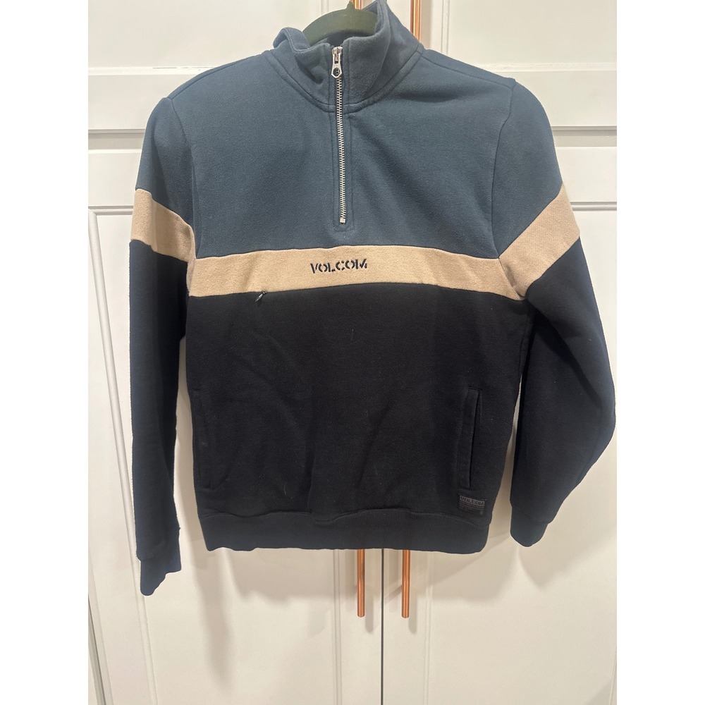 Volcom Kids Colorblock Quarter Zip sweatshirt Pullover Navy Tan Black Size L 12Y - Picture 1 of 8